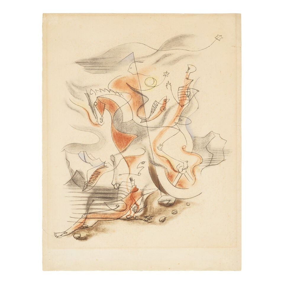 Andre Masson (French, 1896-1987) Cavalier Lithograph in colours, 1933, on Arches wove paper, wit...: Andre Masson (French, 1896-1987) Cavalier Lithograph in colours, 1933, on Arches wove paper, with blindstamp 'JB' (Jeanne Bucher), an unsigned proof, unframed Sheet 520 x 400mm (20 1/2 x 15 3/4in) Thi