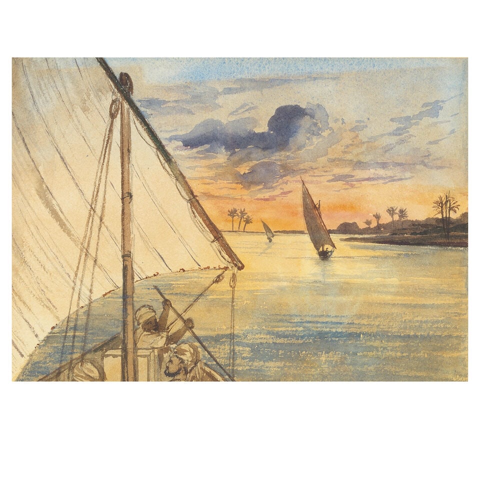 Circle of Edward Lear (British, 1812-1888) Sunset on the Nile (1 of 3)