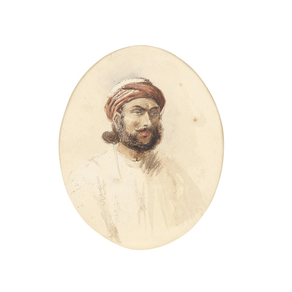 Circle of William Simpson (British, 1823-1899) Abdullar (framed as oval ): Circle of William Simpson (British, 1823-1899) Abdullar bears inscription (on the reverse) pen, ink and watercolour, heightened with white 11.8 x 9.2cm (4 5/8 x 3 5/8in). framed as oval For further