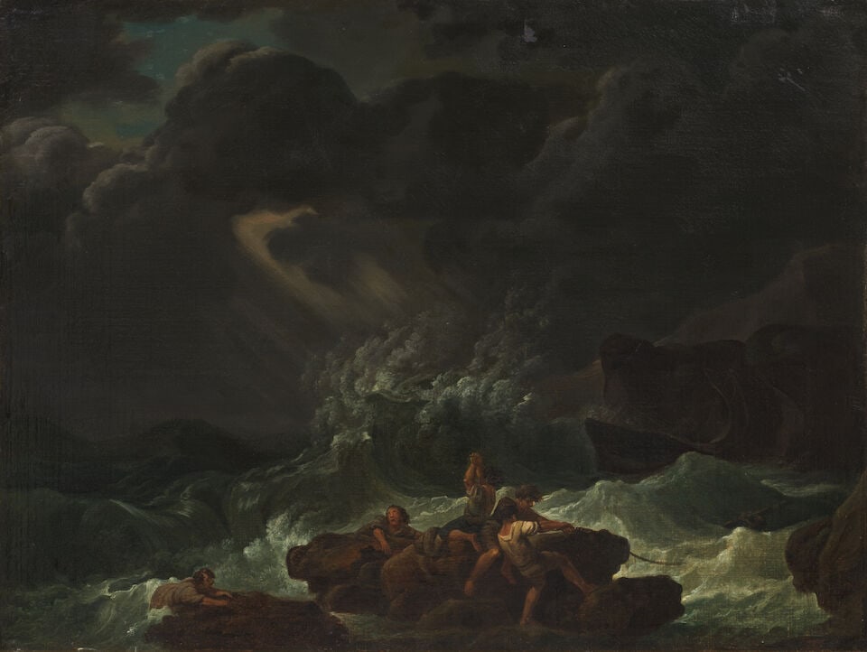 After Philip James de Loutherbourg RA, 19th Century A shipwreck in stormy seas with figures on r...: After Philip James de Loutherbourg RA, 19th Century A shipwreck in stormy seas with figures on rocks in the foreground bears signature and date 'J. Vernet/F. 1776' (lower right) oil on canvas 58.2 x 7