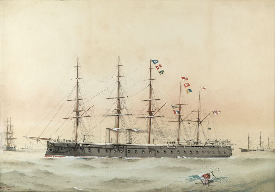 William Mackenzie Thomson (British, 19th/20th century) The Minotaur-class armoured frigate HMS M... (1 of 3)