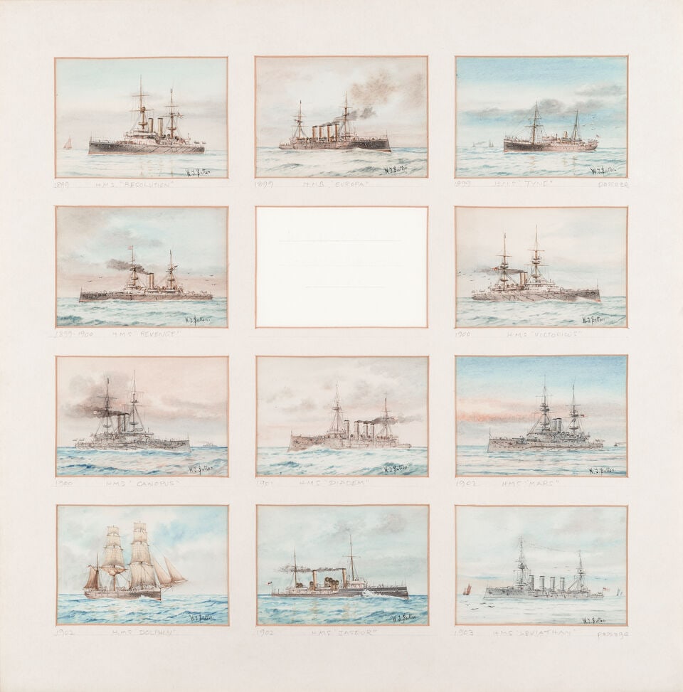 W. J. Sutton (British, late 19th/20th century) The ships served on by Commander Hugh Worsley DSO...: W. J. Sutton (British, late 19th/20th century) The ships served on by Commander Hugh Worsley DSO, a collection of 23 watercolours each signed 'W.J.Sutton' (lower right) watercolour each 8.2 x 12cm (3