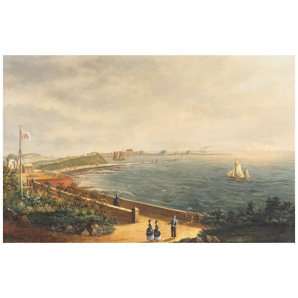 English School, 19th Century A coastal scene, with a military encampment on the headland: English School, 19th Century A coastal scene, with a military encampment on the headland oil on canvas 40.7 x 61cm (16 x 24in). For further information on this lot please visit Bonhams.com For