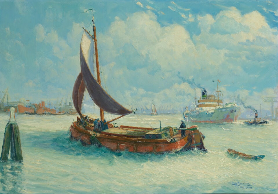 Dutch School, 20th Century Harbour scene with liner and fishing boat (1 of 3)