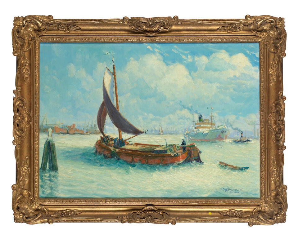 Dutch School, 20th Century Harbour scene with liner and fishing boat - 2