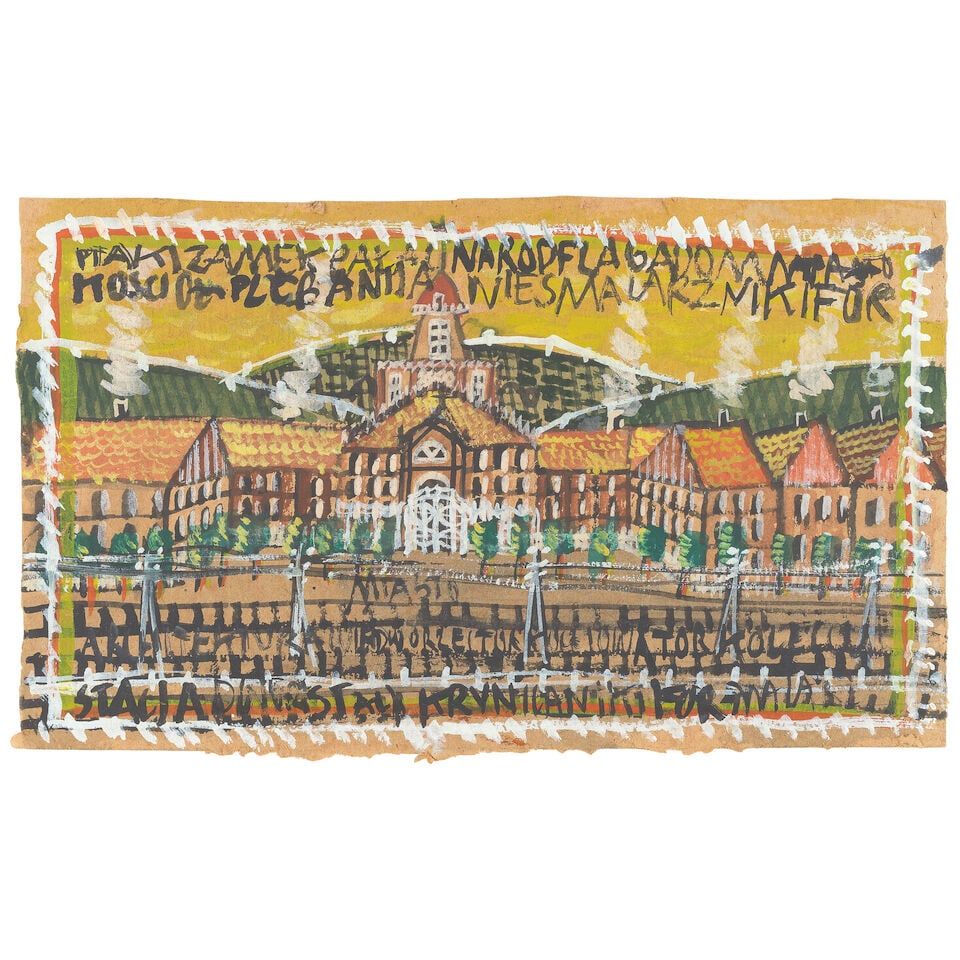 Nikifor (Nikifor Krynicki) (Polish, 1895-1968) Houses unframed: Nikifor (Nikifor Krynicki) (Polish, 1895-1968) Houses signed (upper right), inscribed (upper centre and lower centre); further stamped and twice and numbered '84'(verso) watercolour and gouache on pap