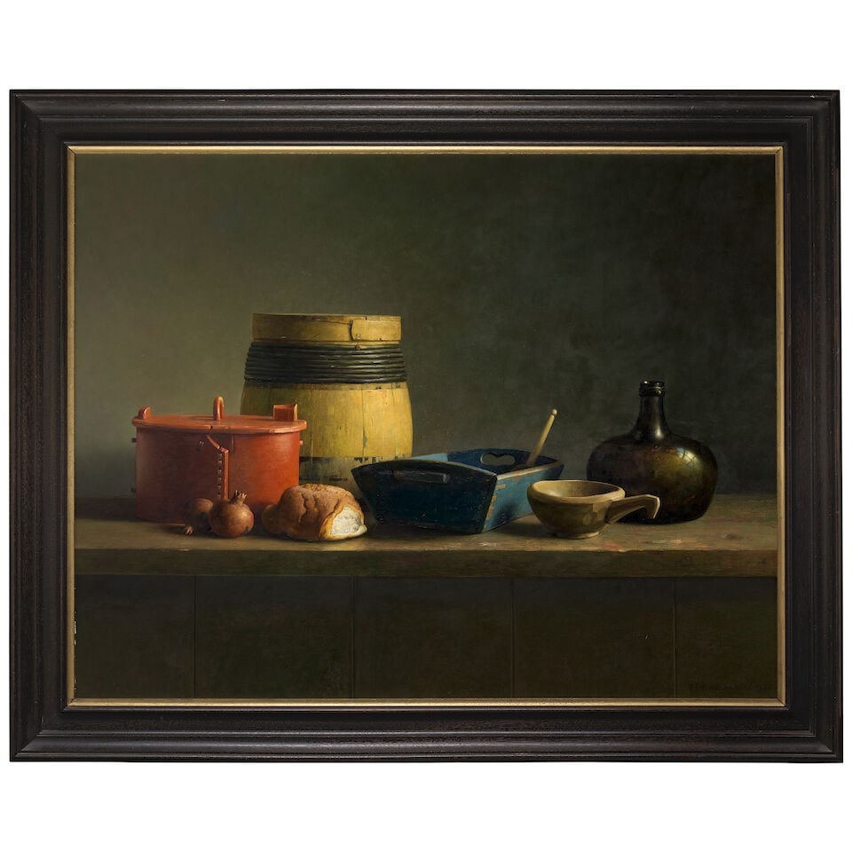 Henk Helmantel (Dutch, born 1945) Still life with bread, onions, a barrel and other pots on a le... - 2