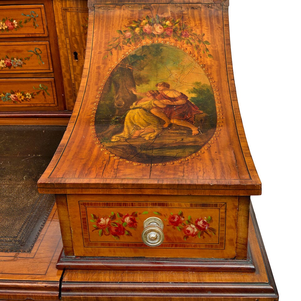 An Edwardian satinwood, rosewood crossbanded and polychrome decorated Carlton House desk by Mapl... - 2