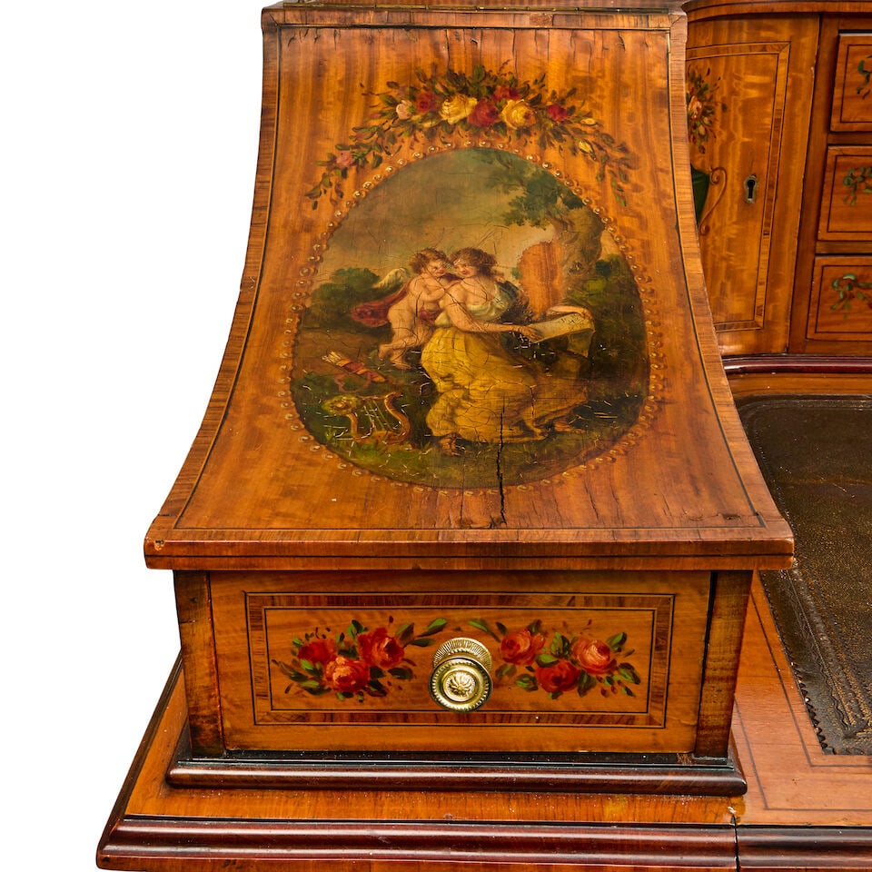An Edwardian satinwood, rosewood crossbanded and polychrome decorated Carlton House desk by Mapl... - 3