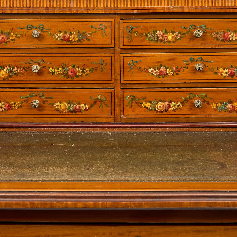 An Edwardian satinwood, rosewood crossbanded and polychrome decorated Carlton House desk by Mapl... - 5