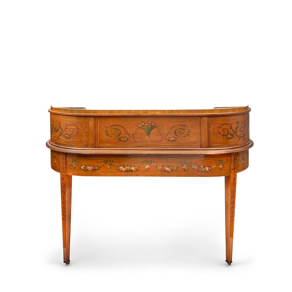 An Edwardian satinwood, rosewood crossbanded and polychrome decorated Carlton House desk by Mapl... - 7