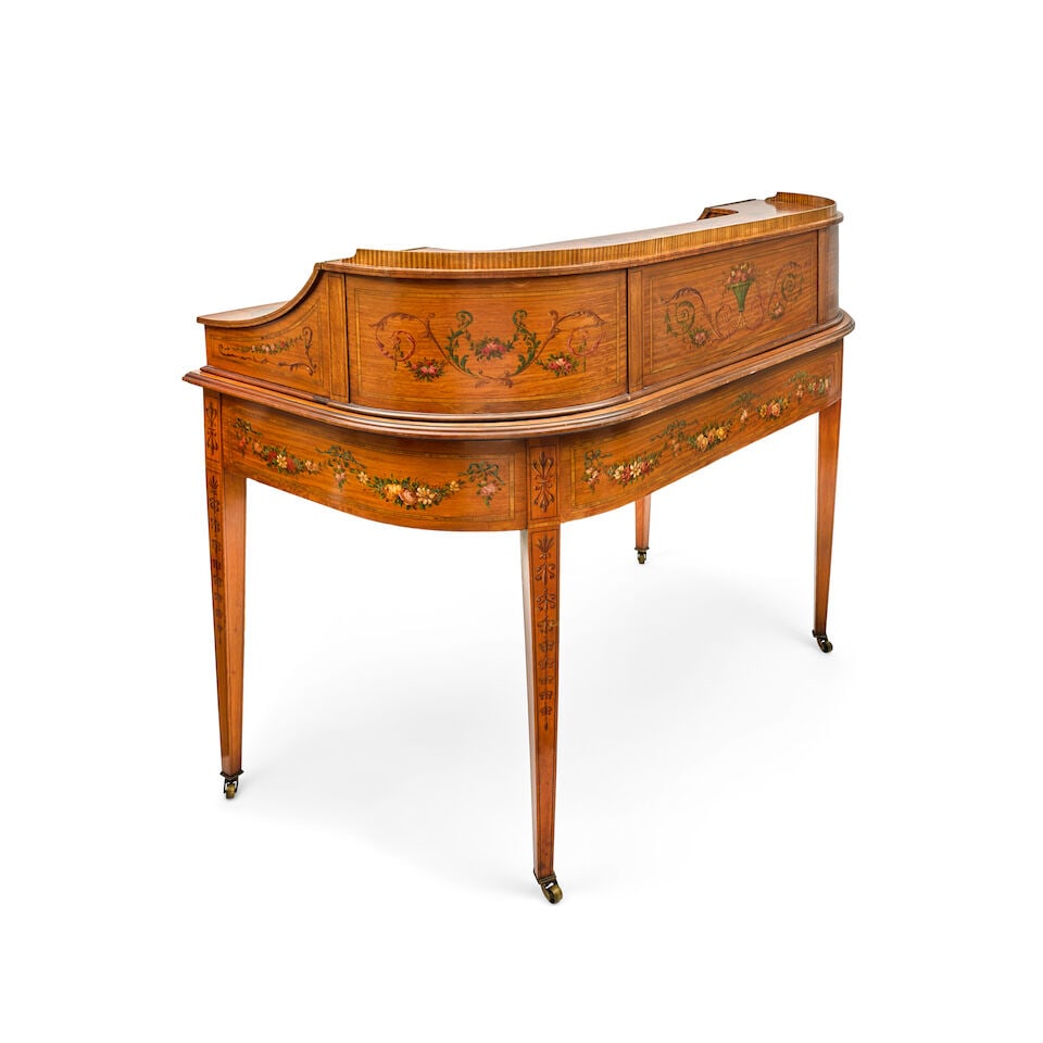 An Edwardian satinwood, rosewood crossbanded and polychrome decorated Carlton House desk by Mapl... - 8