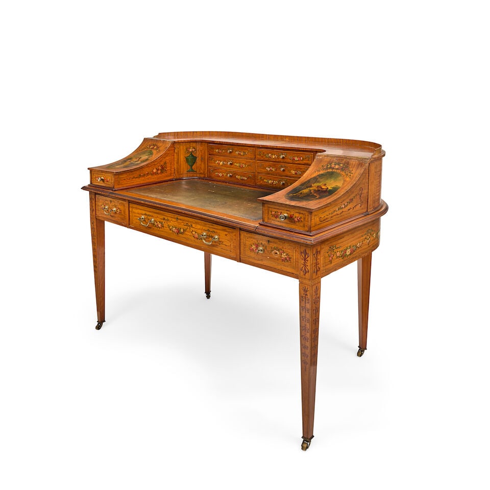 An Edwardian satinwood, rosewood crossbanded and polychrome decorated Carlton House desk by Mapl... - 9
