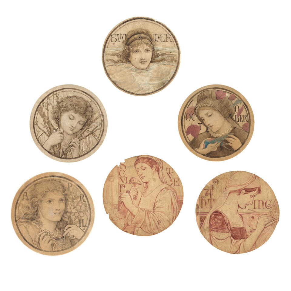 British School, circa 1880 A set of 6 pre-Raphaelite stained glass window designs, reputedly by ...: British School, circa 1880 A set of 6 pre-Raphaelite stained glass window designs, reputedly by Heaton, Butler and Bayne watercolour and ink over, traces of pencil each 25 x 25cm (9 13/16 x 9
