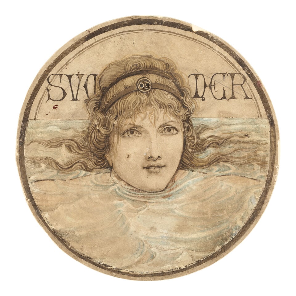 British School, circa 1880 A set of 6 pre-Raphaelite stained glass window designs, reputedly by ... - 3