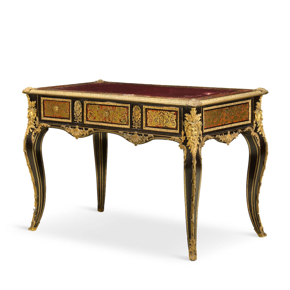 A Napoleon III ormolu mounted tortoiseshell and brass 'Boulle' marquetry ebony bureau plat Circa... (1 of 6)