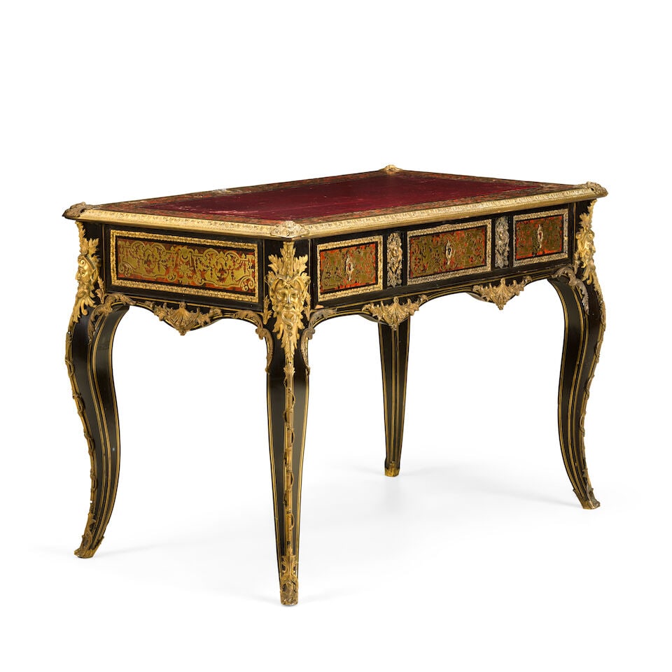A Napoleon III ormolu mounted tortoiseshell and brass 'Boulle' marquetry ebony bureau plat Circa... - 4