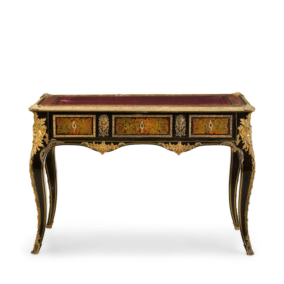 A Napoleon III ormolu mounted tortoiseshell and brass 'Boulle' marquetry ebony bureau plat Circa... - 6