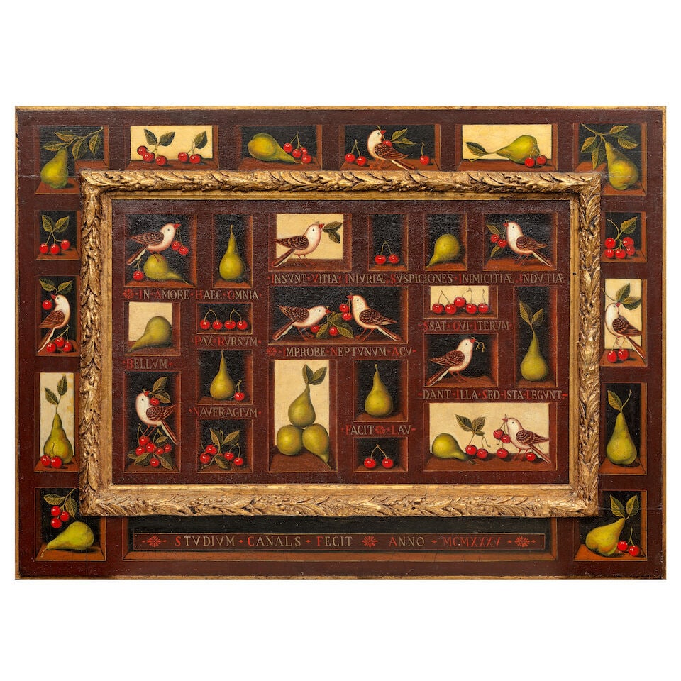 Studio of Miguel Canals (Spanish, 1925-1995) Still life with pears, cherries and birds: Studio of Miguel Canals (Spanish, 1925-1995) Still life with pears, cherries and birds signed and dated 'STUDIUM CANALS FECIT ANNOO MCMXXXV' (lower centre), inscribed 'IN AMORE HAEC OMNIA INSUNT