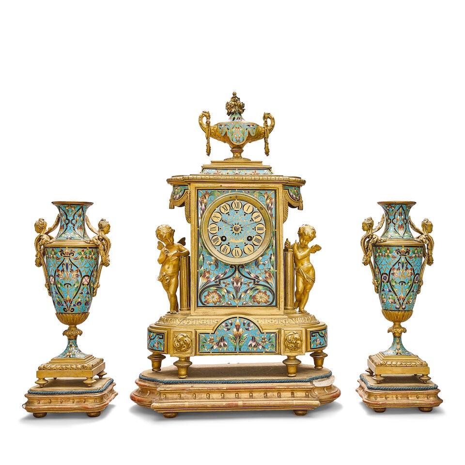 A good third quarter 19th century French gilt bronze and champlevé enamel clock garniture ... (1 of 2)