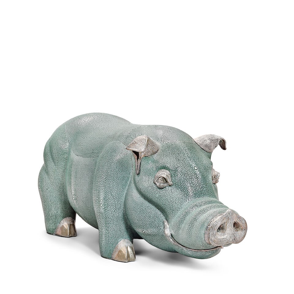 A very impressive white metal mounted shagreen covered model of a boar Late 20th century, marked... - 2