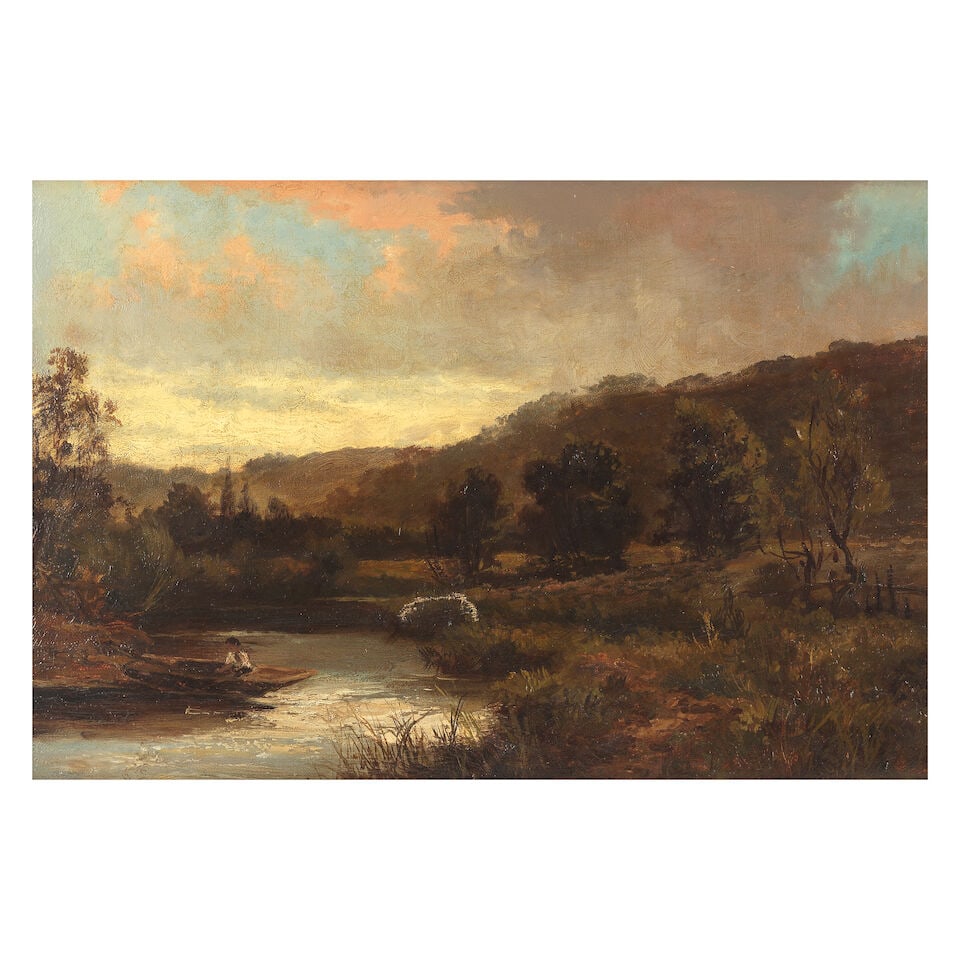 John Horace Hooper (British, fl.1885-1899) Shiplake on Thames: John Horace Hooper (British, fl.1885-1899) Shiplake on Thames signed and titled 'Nr.Shiplake.on.Thames/J.H.Hooper' (on artist's label attached to the reverse) oil on canvas 30 x 44cm (11 13/16 x 17