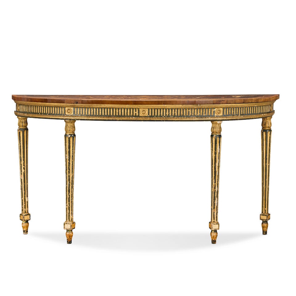 A George III harewood, purplewood, tulipwood, engraved fruitwood marquetry, painted and parcel g... (1 of 4)