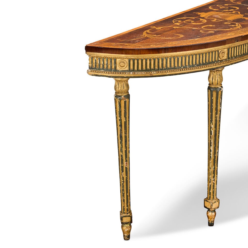 A George III harewood, purplewood, tulipwood, engraved fruitwood marquetry, painted and parcel g... - 3