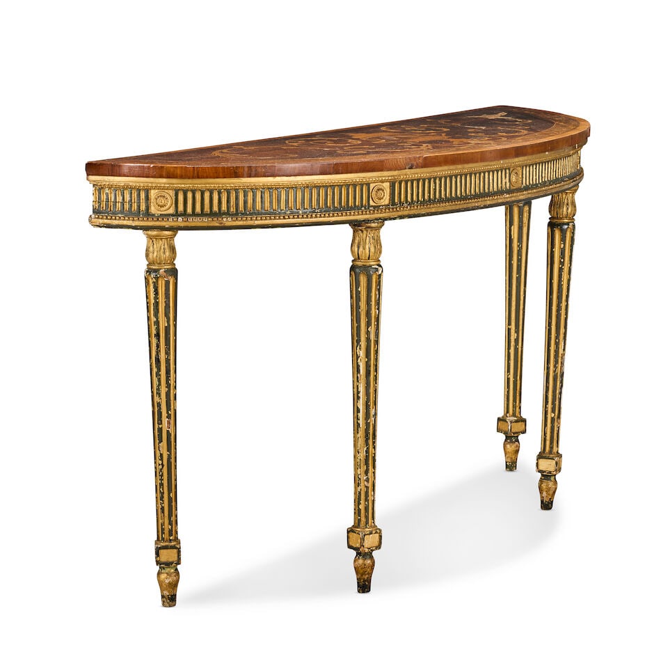 A George III harewood, purplewood, tulipwood, engraved fruitwood marquetry, painted and parcel g... - 4