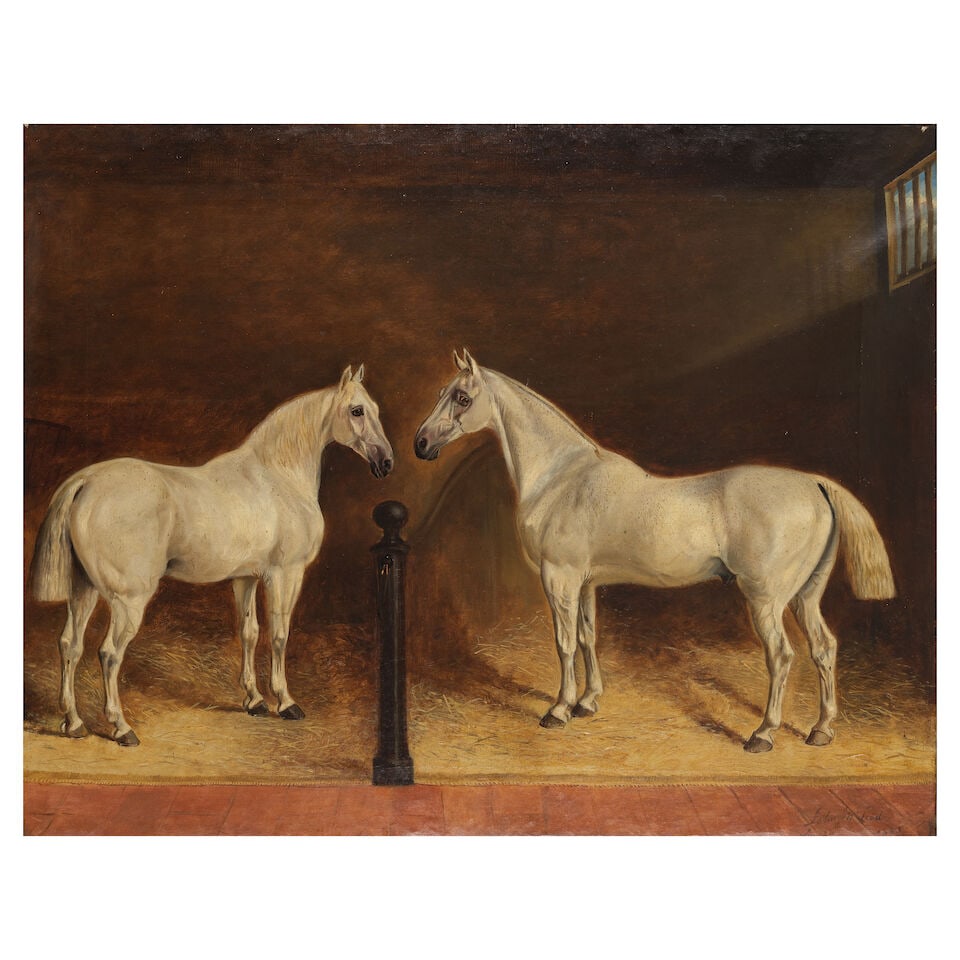 John McLeod (British, died 1872) Two white carriage horses in a stable (1 of 3)