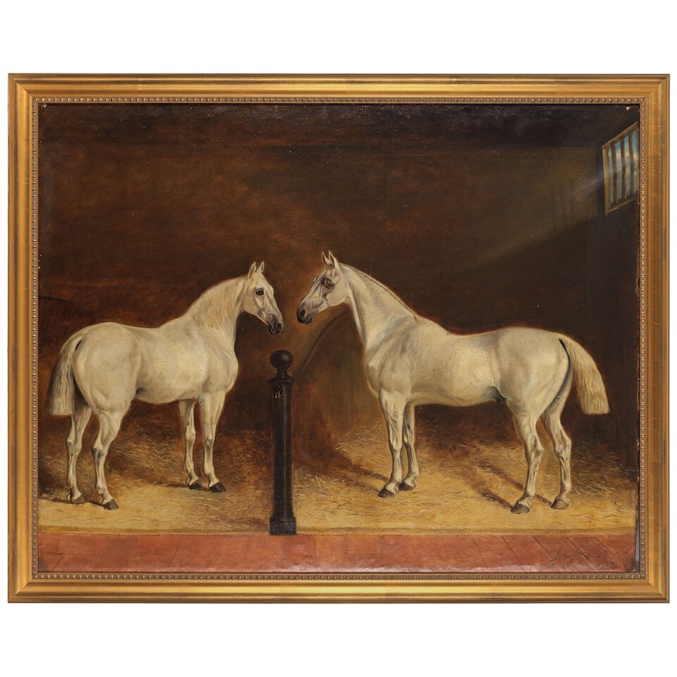 John McLeod (British, died 1872) Two white carriage horses in a stable - 2
