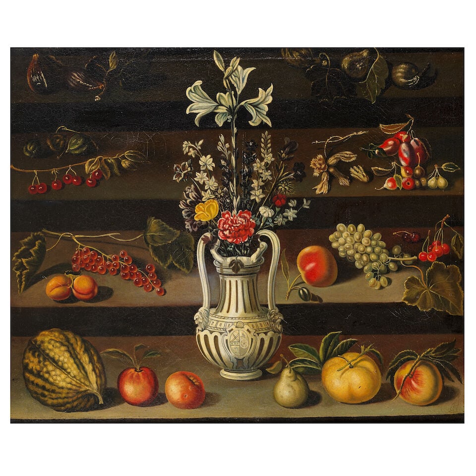 Studio of Miguel Canals (Spanish, 1925-1995) Still life with fruit and flowers: Studio of Miguel Canals (Spanish, 1925-1995) Still life with fruit and flowers oil on canvas 75 x 90cm (29 1/2 x 35 7/16in). This lot is subject to the following lot symbols: * AR * VAT on imported