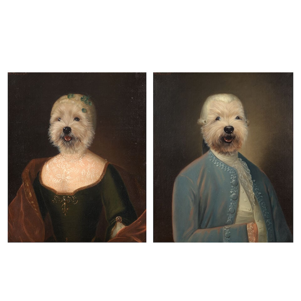 Thierry Poncelet (Belgian, born 1946) Viscountess and Sir Robert: Thierry Poncelet (Belgian, born 1946) Viscountess and Sir Robert a pair, both signed 'Th. Poncelet' (upper left) oil on canvas each 66 x 54cm (26 x 21 1/4in). (2) This lot is subject to the following