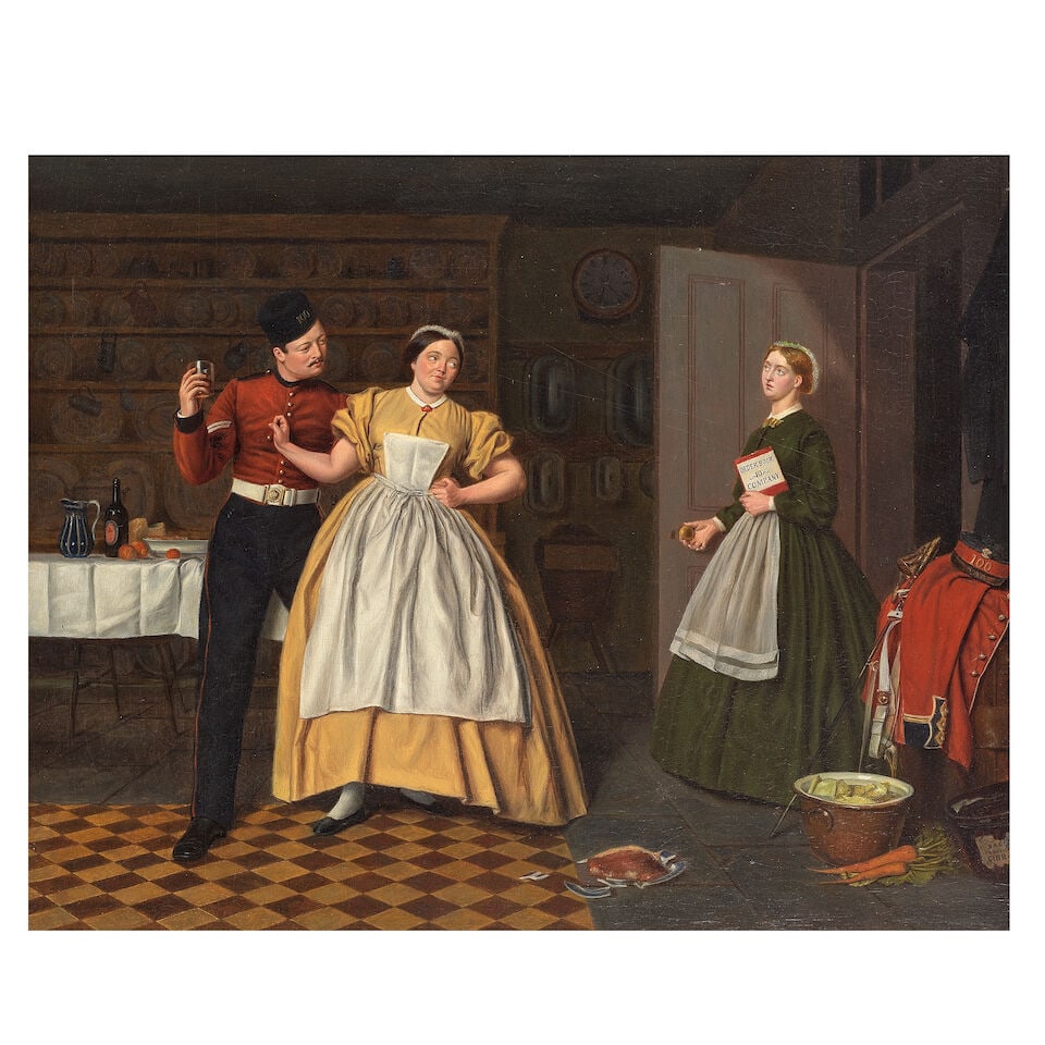 Bledwin Dowling (British, 19th Century) Courting in the kitchen: Bledwin Dowling (British, 19th Century) Courting in the kitchen signed and dated 'Bledwin Dowling 1867' (lower right) oil on panel 43 x 51cm (16 15/16 x 20 1/16in). Footnotes: Provenance With John