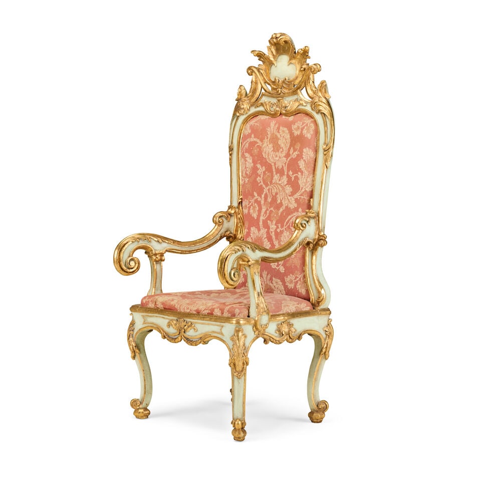 A large Italian 18th century painted and parcel gilt 'throne' type armchair - 2