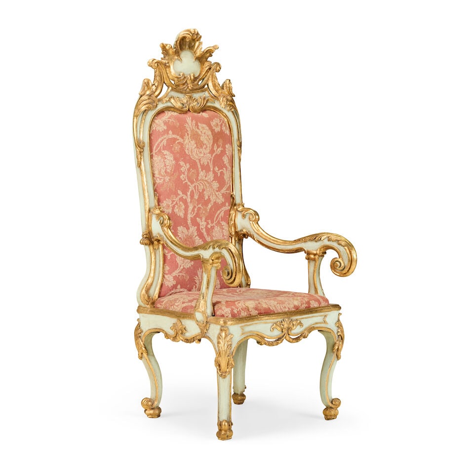A large Italian 18th century painted and parcel gilt 'throne' type armchair - 4