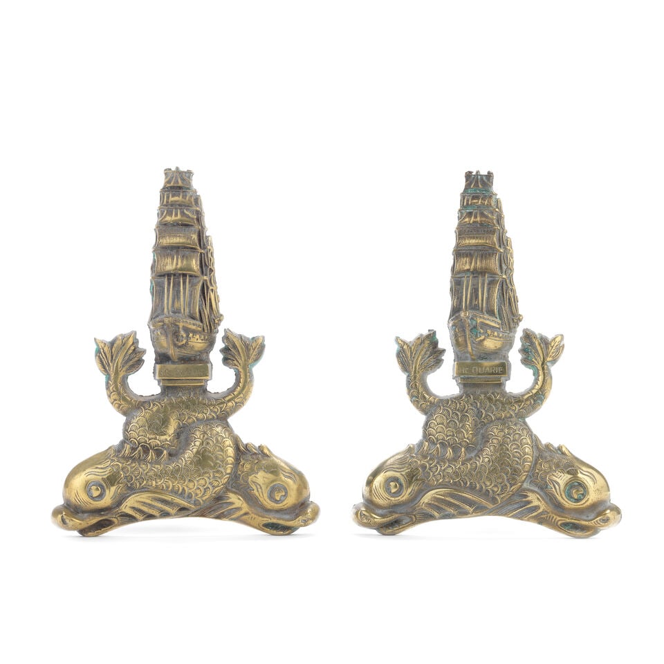 Of New South Wales Maritime interest: A pair of cast brass commemorative andirons Probably late ...: Of New South Wales Maritime interest: A pair of cast brass commemorative andirons Probably late 19th/early 20th century formed as the prows of galleons in full sail beneath titled tablets, inscribed
