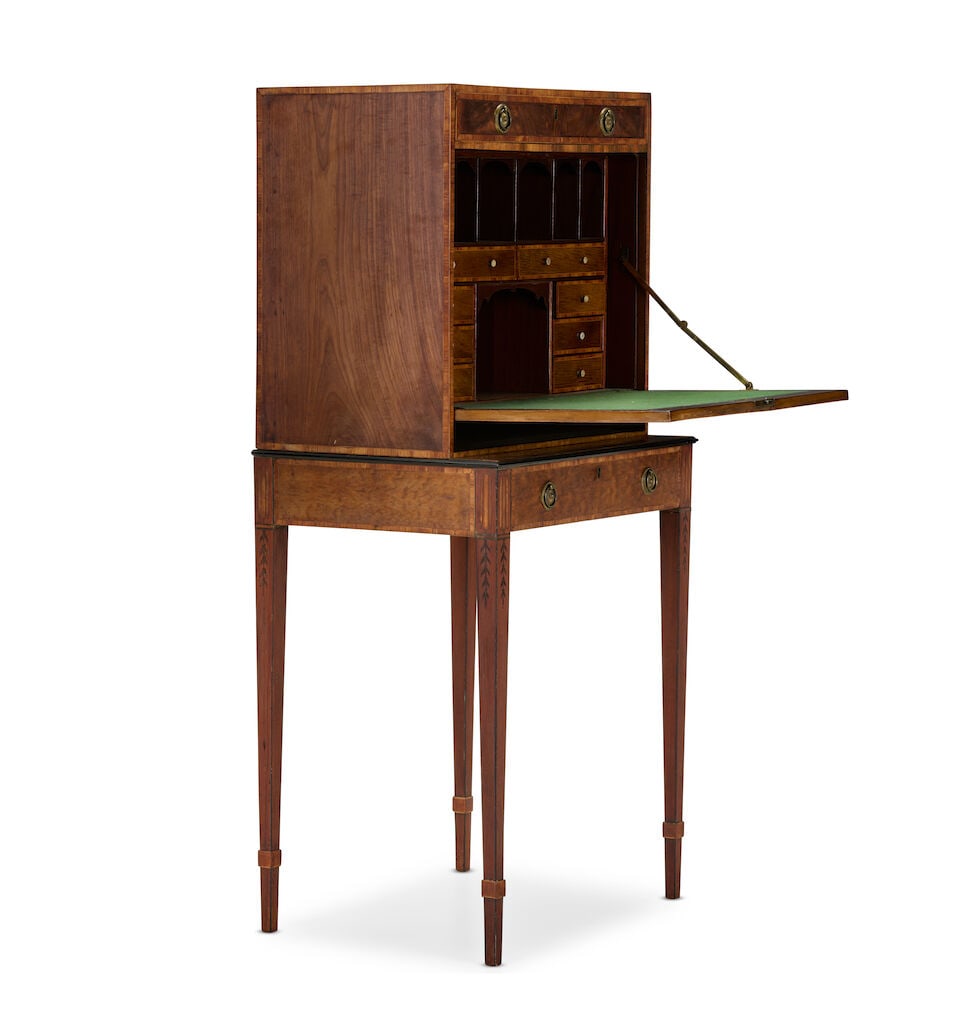 A George III mahogany, rosewood crossbanded, purplewood and fruitwood marquetry secretaire on st... - 2