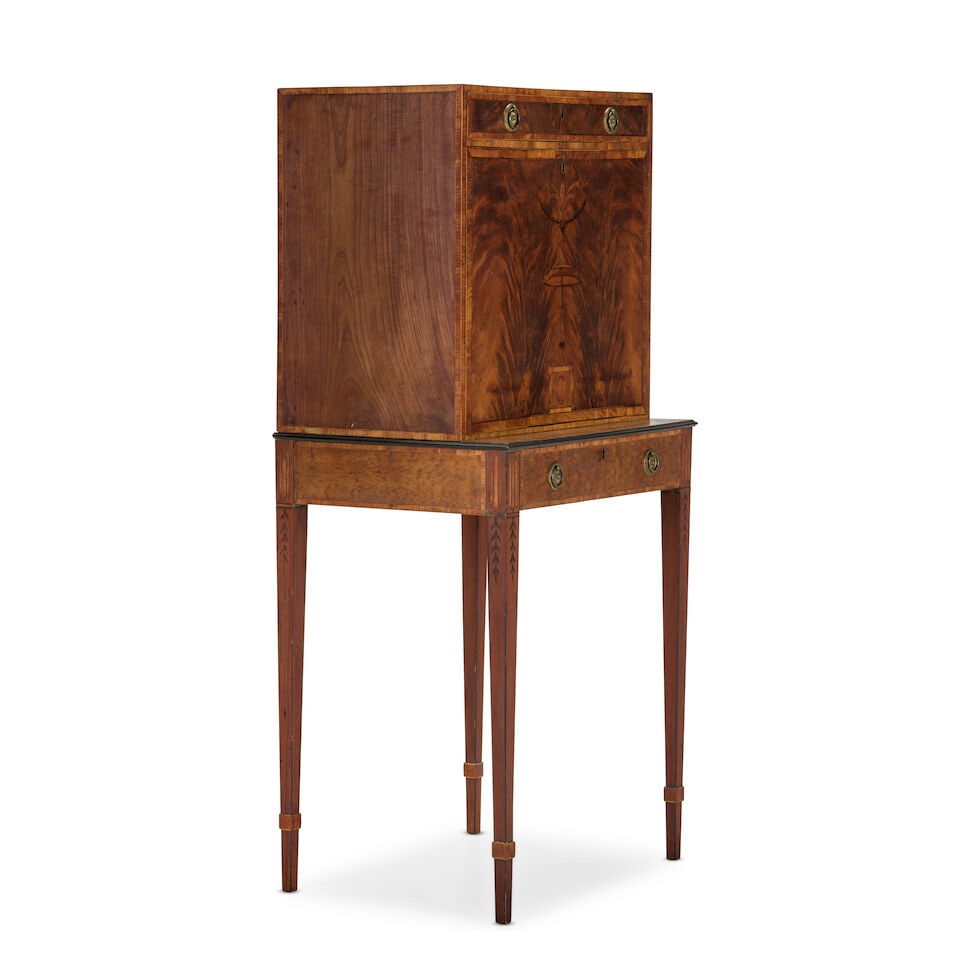 A George III mahogany, rosewood crossbanded, purplewood and fruitwood marquetry secretaire on st... - 3