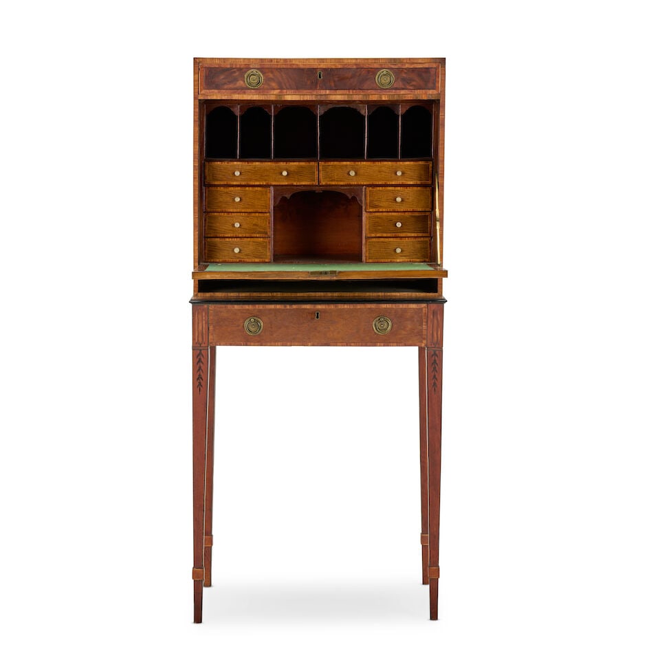 A George III mahogany, rosewood crossbanded, purplewood and fruitwood marquetry secretaire on st... - 4