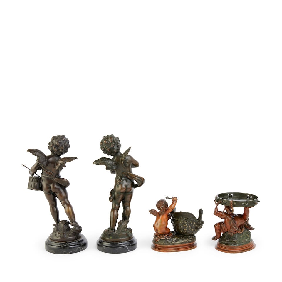 After Auguste Moreau (French, 1834-1917): a pair of French patinated bronze winged putti musicia... - 6