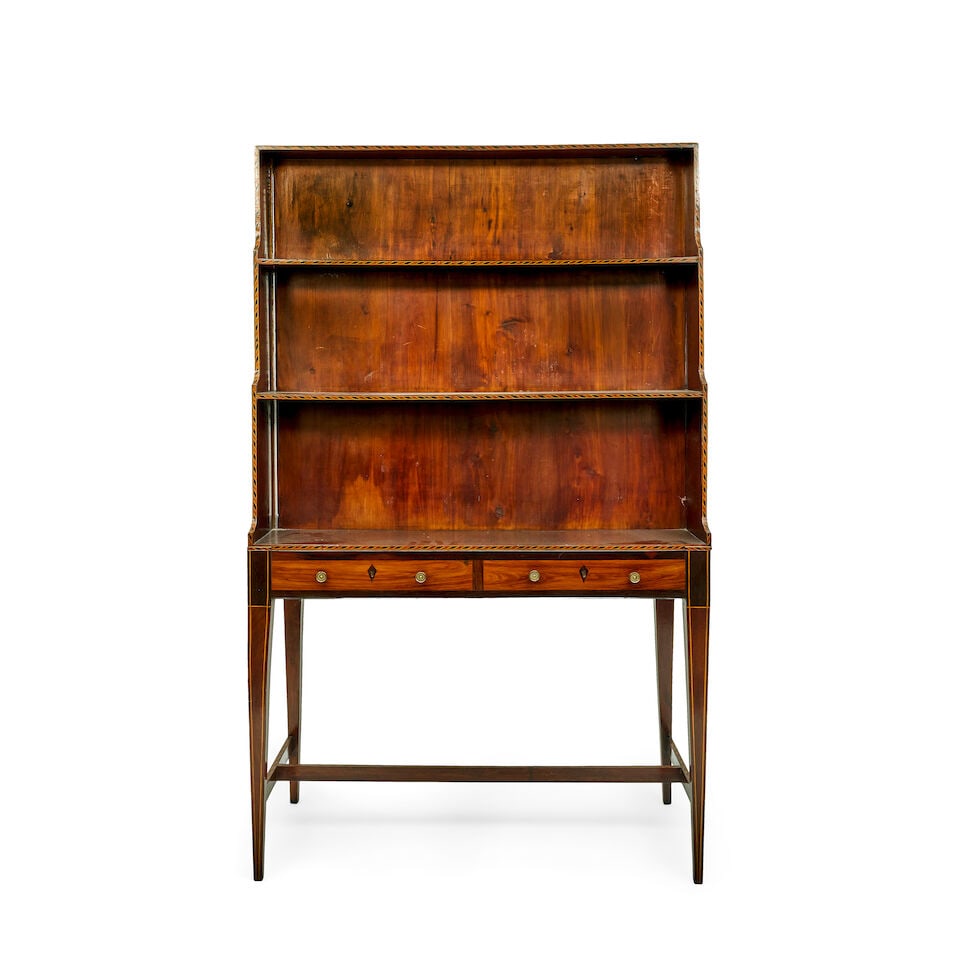 A late George III mahogany, rosewood, harewood, ebonised and fruitwood chequer inlaid double-sid... - 2