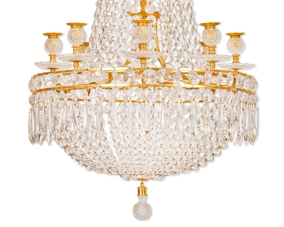 A 19th century gilt brass and cut glass eight light tent, waterfall and bag chandelier Probably... - 2