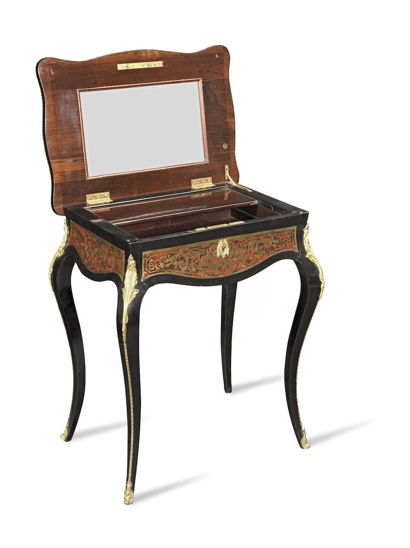 A French 19th century tortoiseshell and brass 'Boulle' marquetry ebony table a ouvrage or dressi... - 3