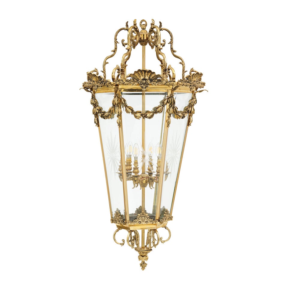 A very large brass and glass hexagonal hall lanternIn the George III style, possibly 19th century - 2