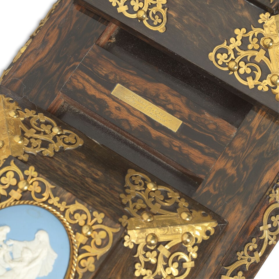 Three Victorian gilt brass and pale blue 'jasper' biscuit porcelain mounted coromandel desk item... - 3