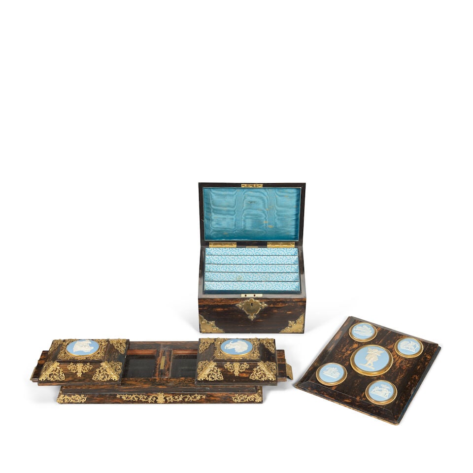 Three Victorian gilt brass and pale blue 'jasper' biscuit porcelain mounted coromandel desk item... - 4