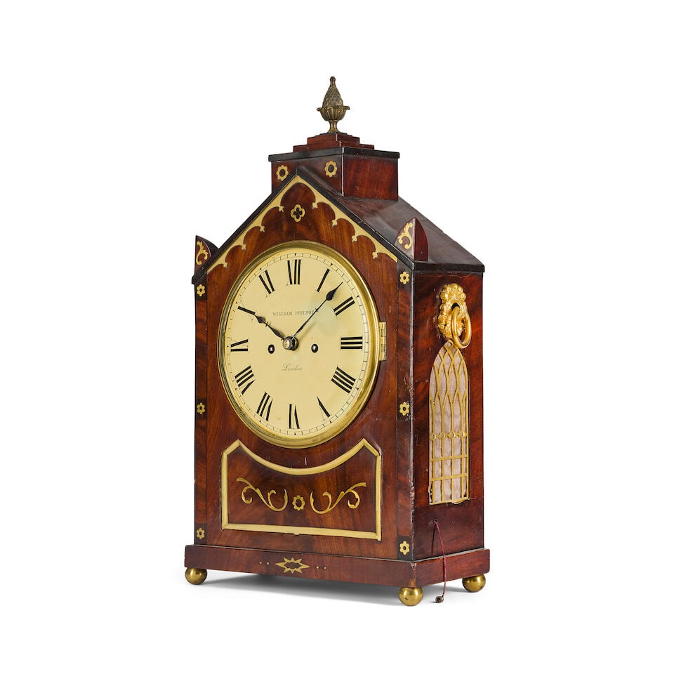 A late Regency mahogany and brass inlaid bracket clock with pull repeat, together with a matched... - 4
