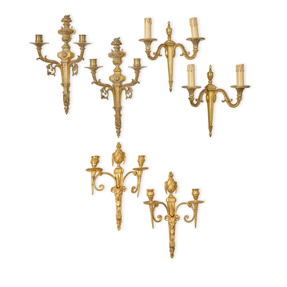 A pair of gilt bronze twin light wall appliques in the Louis XVI style together with two further... (1 of 1)