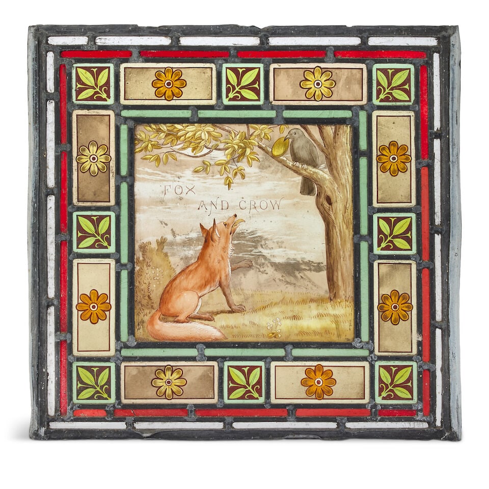 A pair of late Victorian leaded and painted stained glass panels depicting two scenes from Aesop... - 2